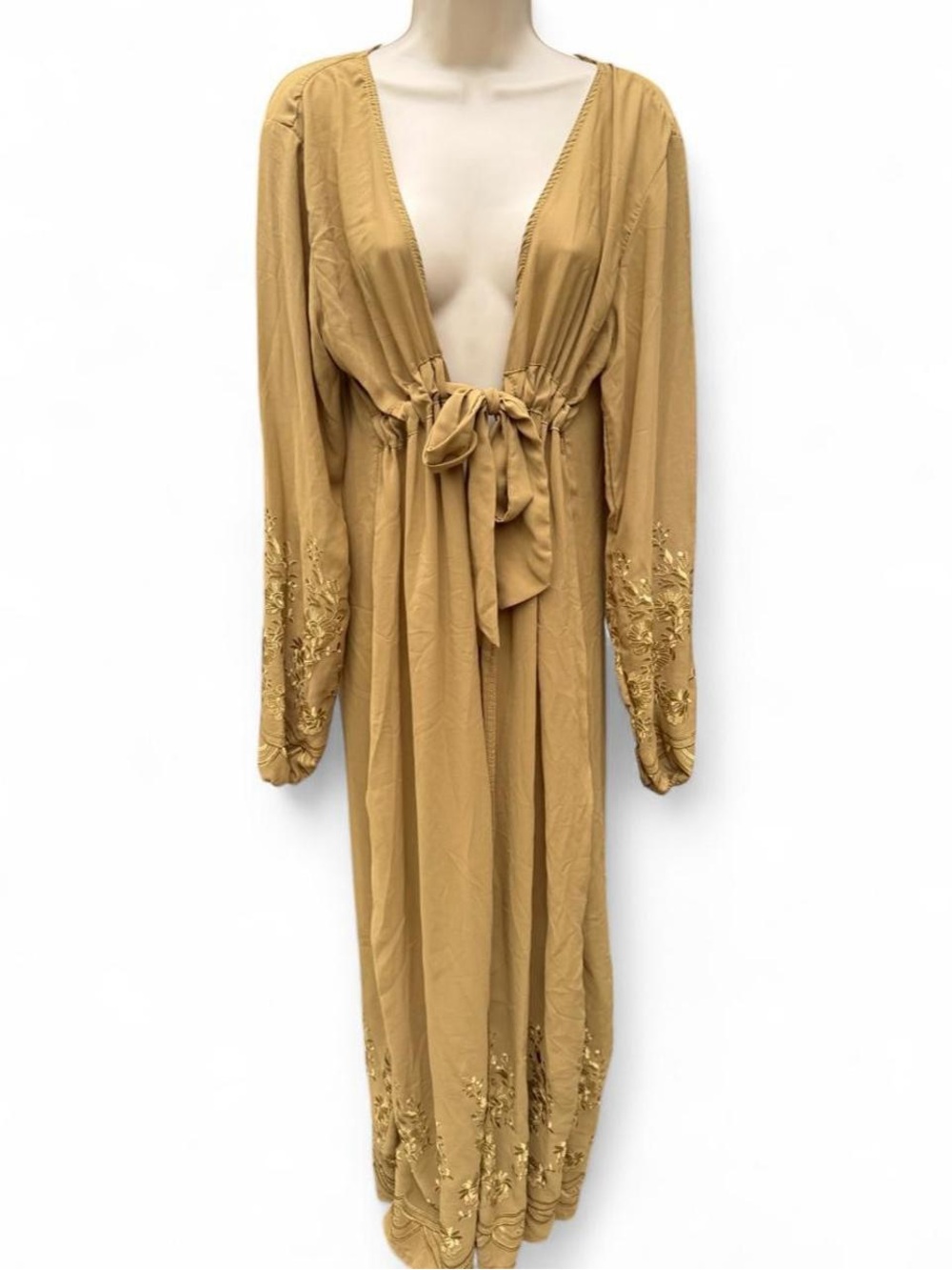 Embroidered Lingerie Maxi Robe Floral Tie Front Boho Boudoir Duster